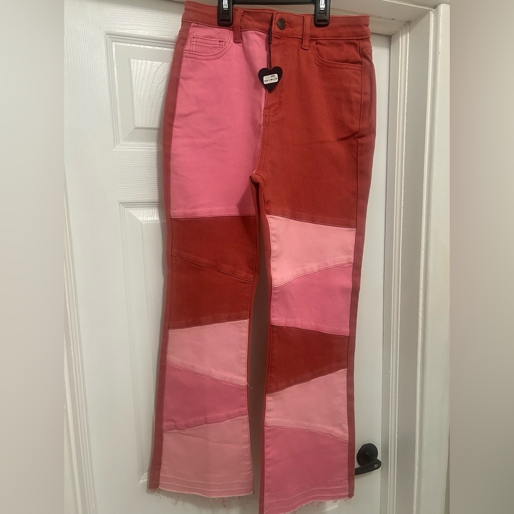 Fashion Nova Pink and Red Patchwork Flare Jeans